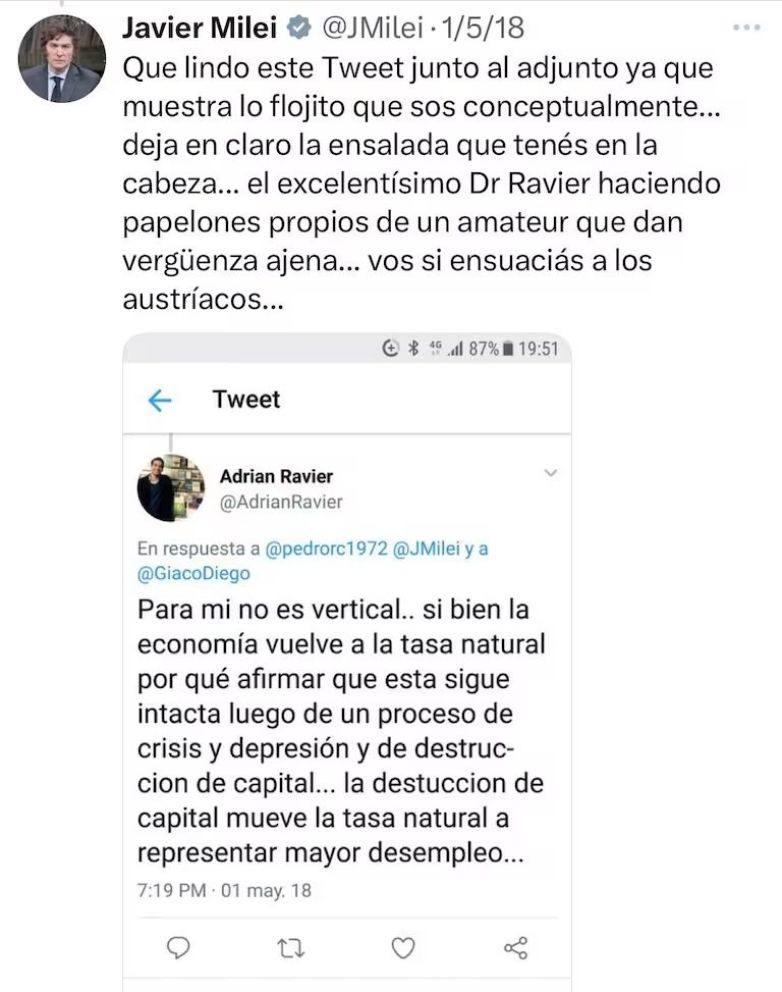 "Chanta", "burro", "imbécil total": los viejos cruces de Twitter entre Milei y su nuevo vocero presidencial 